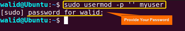 Delete User Password in Ubuntu using the usermod command