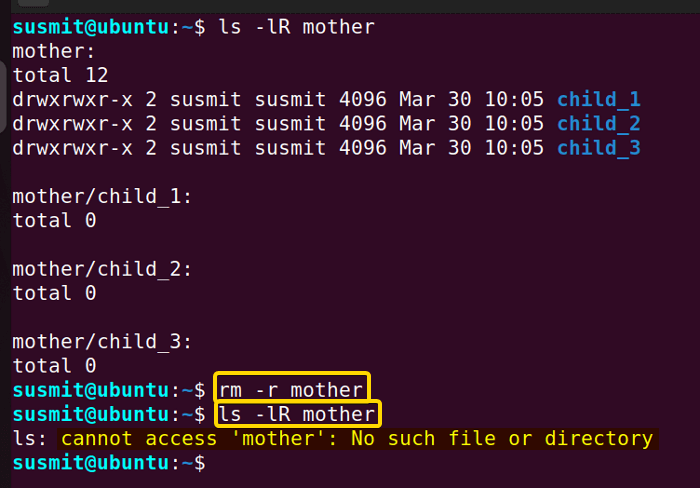 Removing the mother directory and subdirectories inside it recursively in Linux.