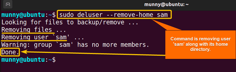 remove a user and home directory in Linux using the deluser command