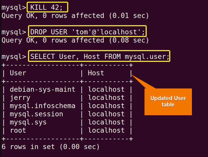 Deleting active MySQL user in Ubuntu.