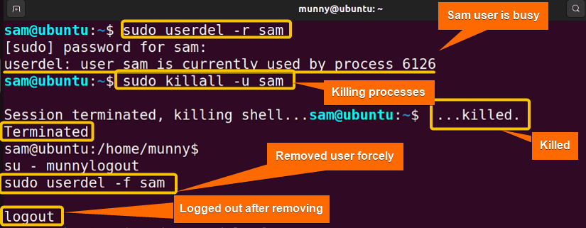 remove a logged-in user and home directory in Linux