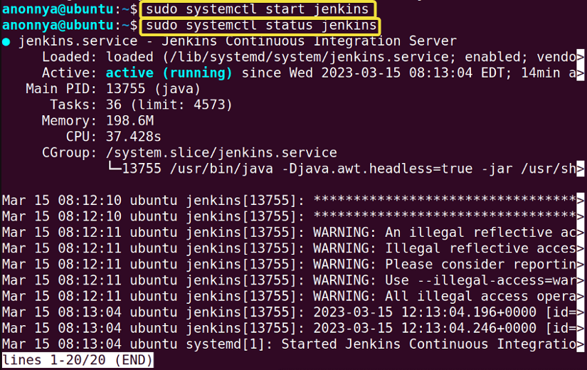 starting Jenkins server in Ubuntu and checking status.