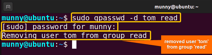 how to remove user from group in linux using the gpasswd command.