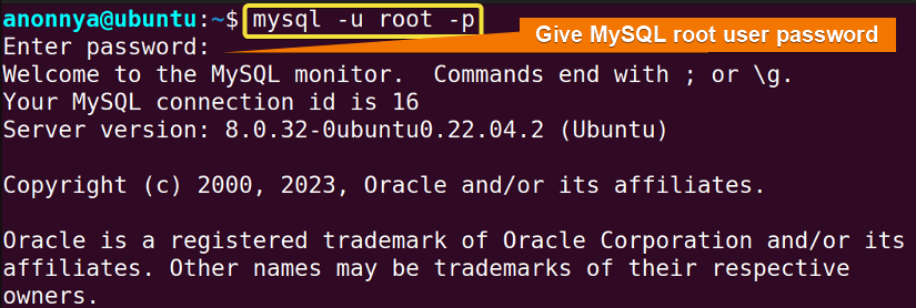 Logging into MySQL server in ubuntu.
