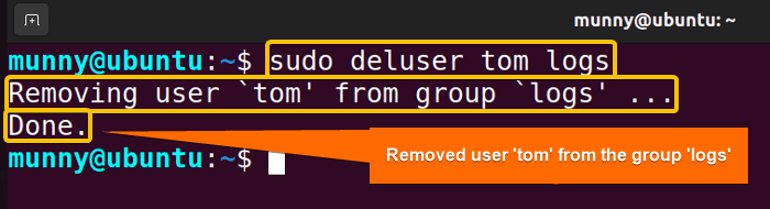 how to remove user from group in linux using the deluser command.