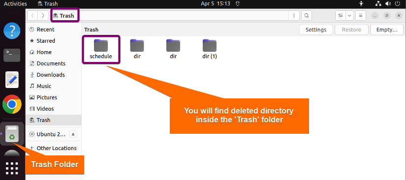 Deleted directory inside the trash folder