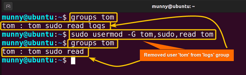 how to remove user from group in linux using the usermod command.