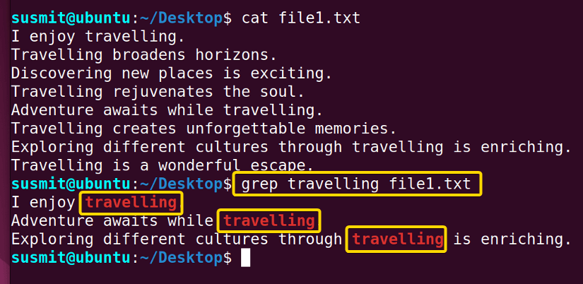 The grep command in Linux has printed only travelling containg lines from the file1.txt file.
