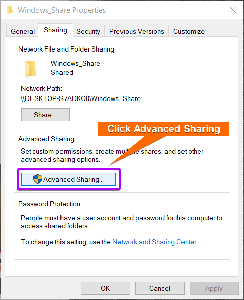 Open Advanced Sharing of shared folder