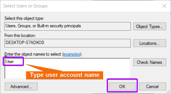 Type User name for shared folder