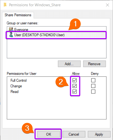 Allow Permissions for User of shared folder