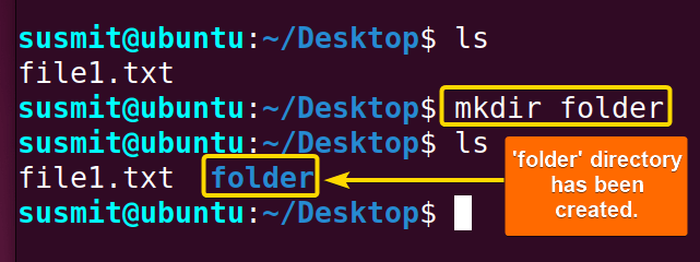 The mkdir command in Linux has created a directory named folder.