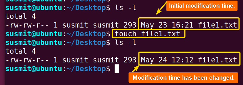 The touch command in Linux has changed the modification time of the file1.txt file.