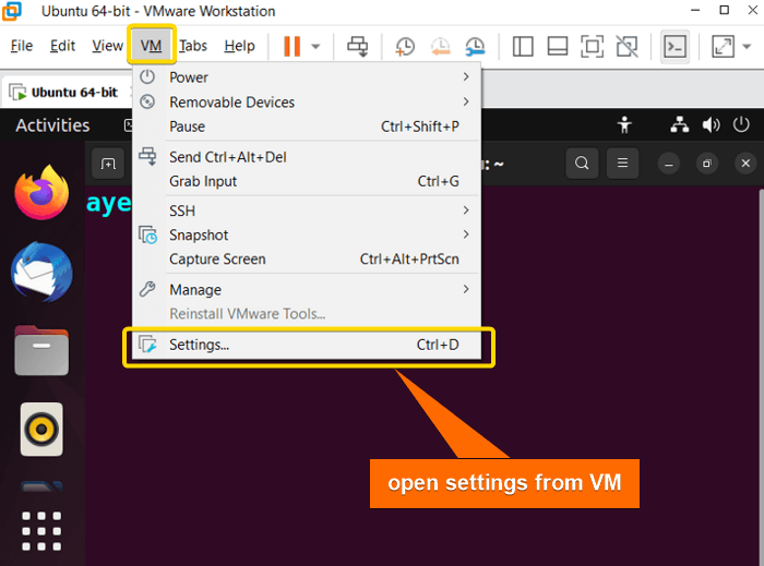 Open VM > Settings to share files in virtual machine.