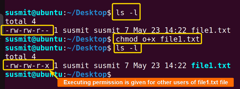 The chmod command in Linux has given the executing permission to other users.