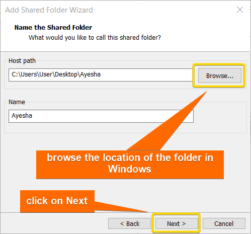 Browse location of folder to share files.