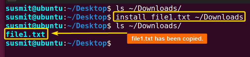 The install command in Linux has copied the file1.txt to the ~/Downloads directory.