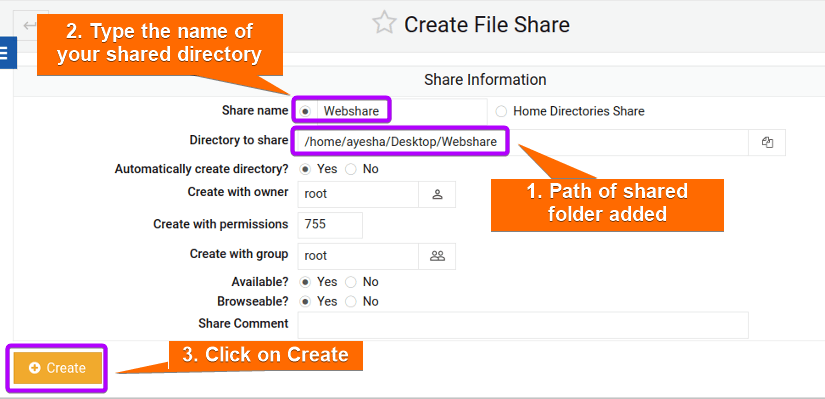 Samba shared folder name and path in Ubuntu added
