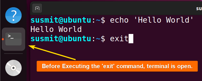 The terminal is open before executing the exit command.