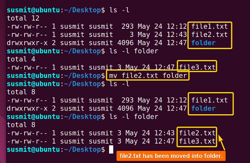 The mv command in Linux has moved the file2.txt file from the current directory to the folder directory inside the current directory,.