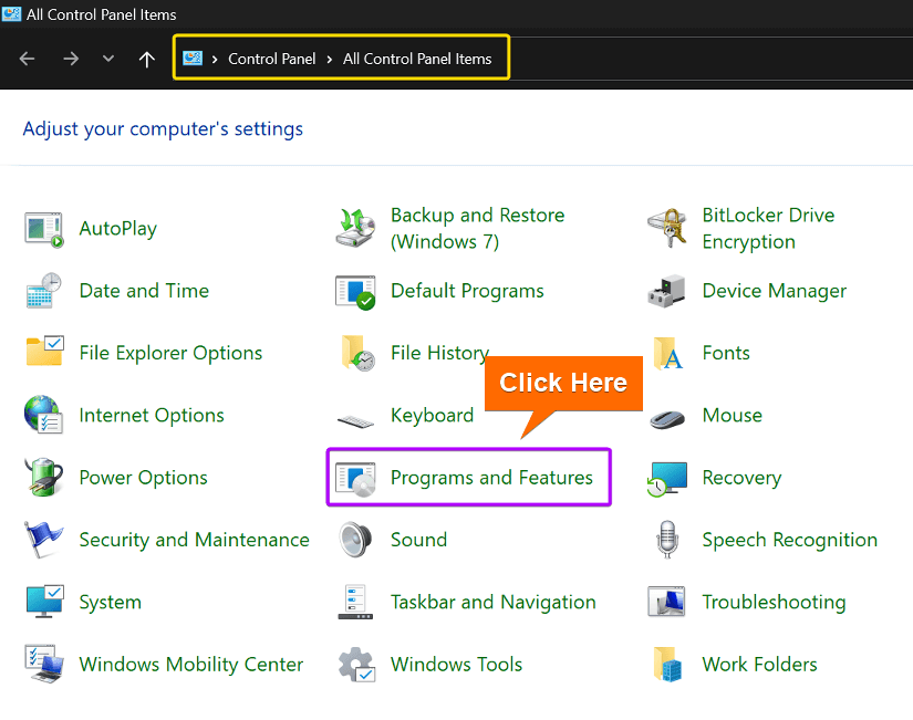 Clicking on "Programs and Features"