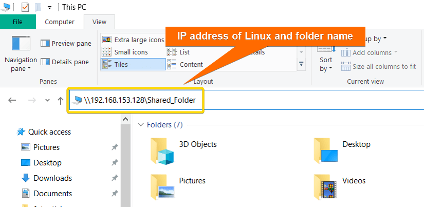 Enter IP address of Linux system and name of Shared Folder to share files.