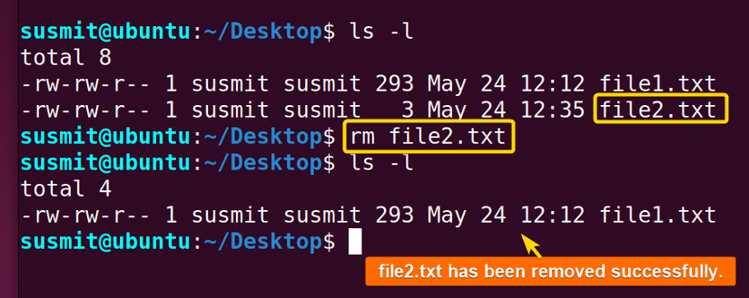 The rm command in Linux has removed the file2.txt file.