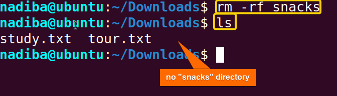 Deleting directly snacks directory by: rm -rf snacks in Linux