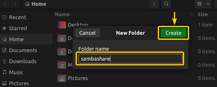 Making a directory named 'sambashare' to install Samba using GUI