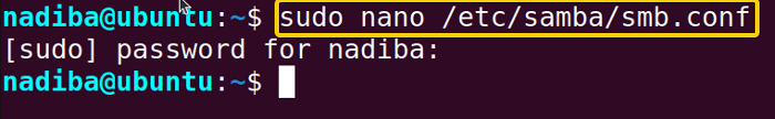open Samba configuration file in nano text editor