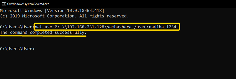 Writing command in command prompt to access Samba share