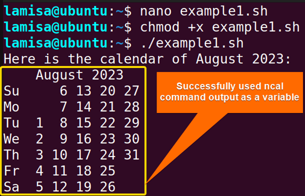Assigning output of ncal command to a variable