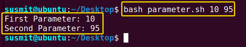 The bash script has printed the two parameters passed into the script.
