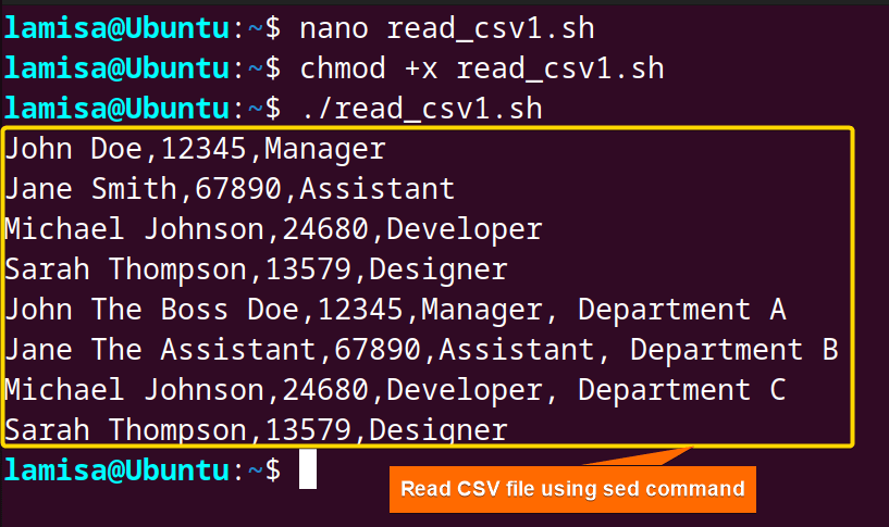 Read CSV file using Bash command 
