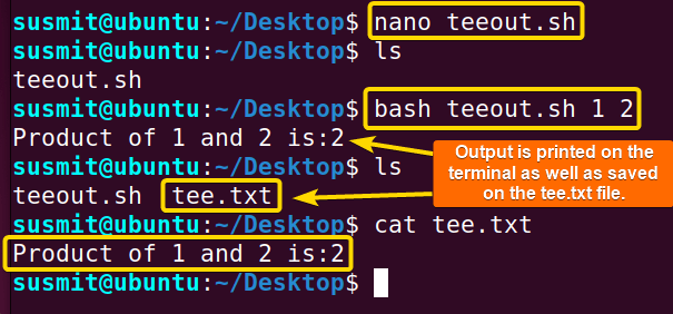 The output of the teeout.sh bash script is saved on the tee.txt file as well as printed on the terminal.