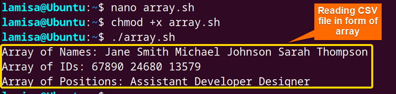 Reading columns of CSV file into bash arrays