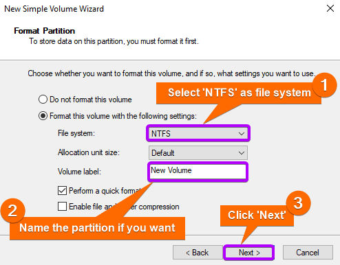 Selecting file system and volume label
