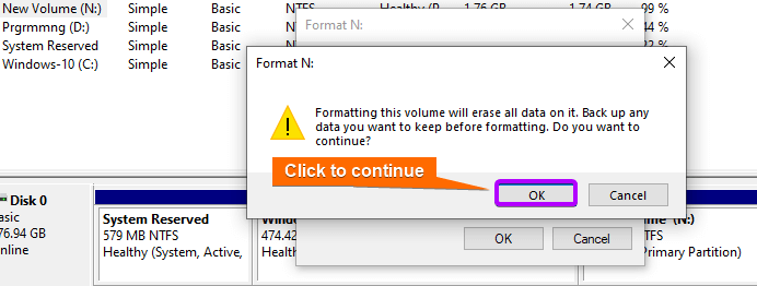 Clicking on 'OK' for formatting