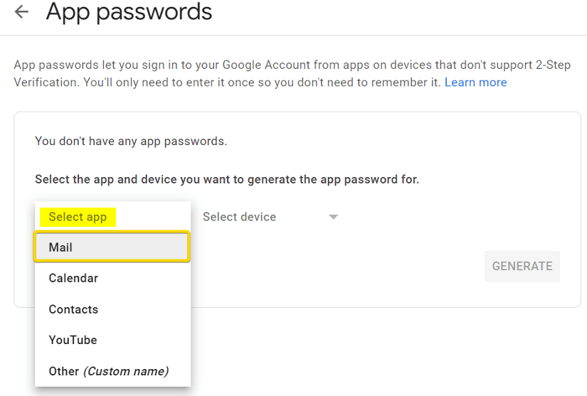 Selecting Mail for generating app specific password