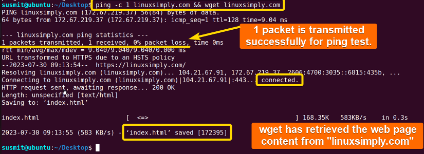 At first, linuxsimply.com has been accessed by the ping command then the wget command has downloaded the index.html.