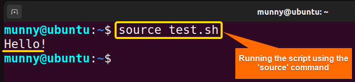 Run a bash script using source command