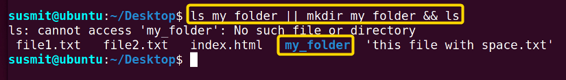 The mkdir my_folder command has been executed as my_folder is missing, and it has returned a zero exit status. Finally, the ls command has been executed, which has printed the contents of the current directory.
