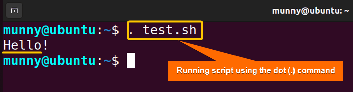 Run a bash script using dot command