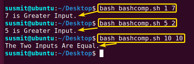The Bash script has compared two number and printed the decision on the terminal.