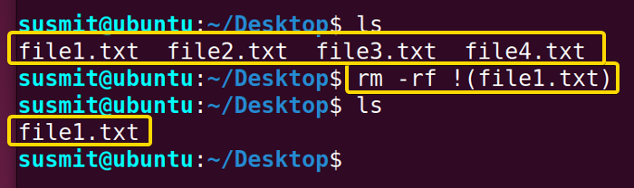 I have put the file1.txt file name after the NOT negation operation as the argument of the rm command. It has deleted all the files except the file1.txt file.