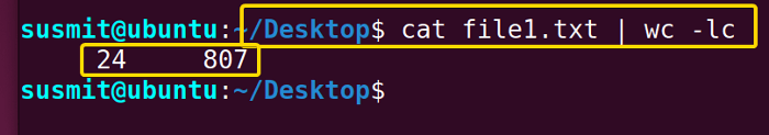 The output of the cat file1.txt file has been passed as input of the wc -lc command.