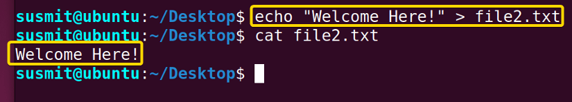 The output of the echo command has been redirected to the file2.txt file.