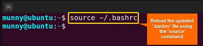 Source the updated bashrc file.