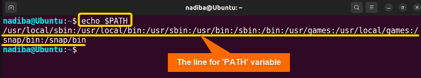 Viewing the line for the 'PATH' variable using 'echo' command