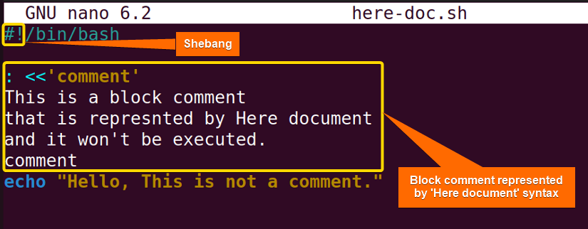Representing Bash block comments using the 'Here document' notation